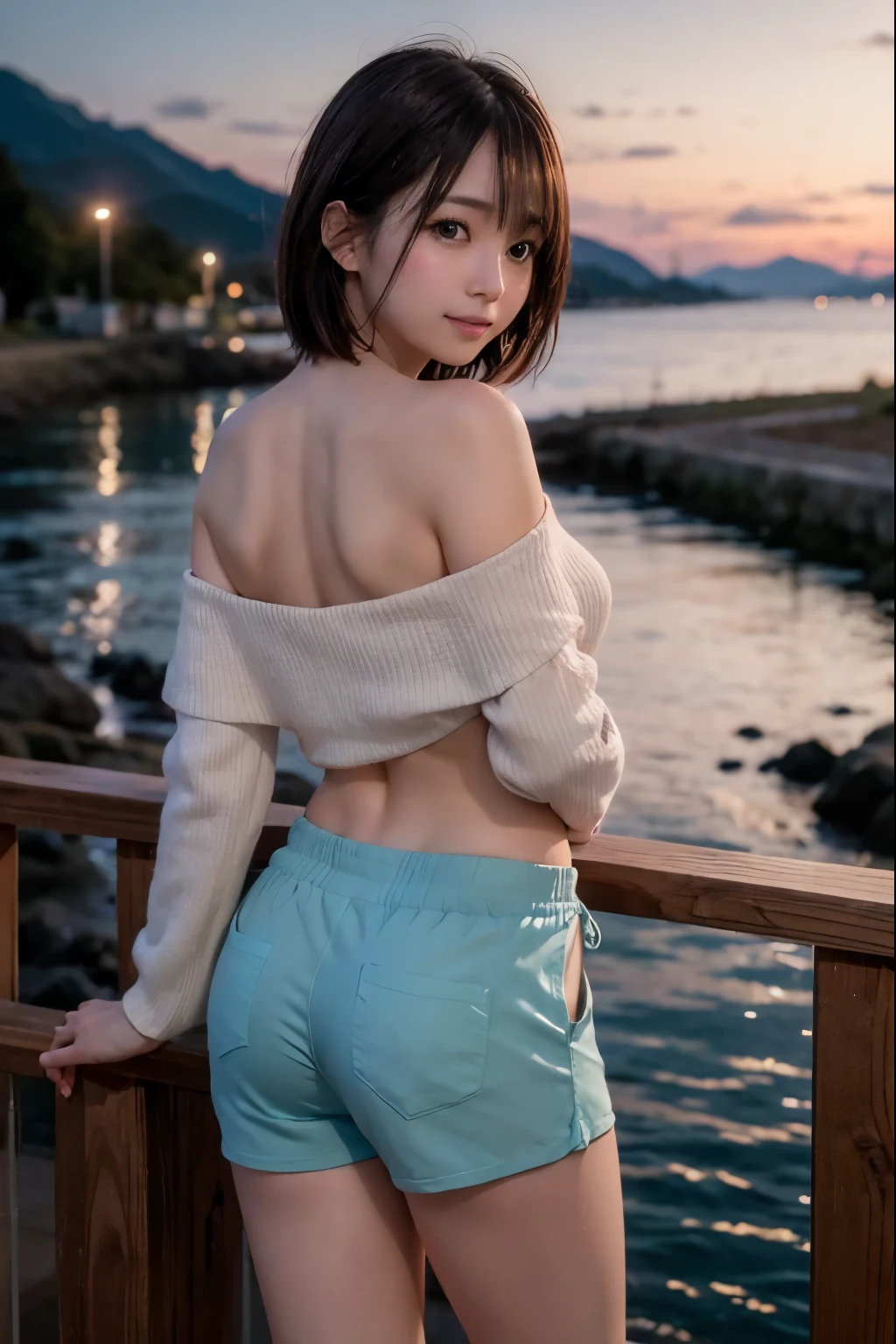 Coast, Serene Twilight, Water Reflection, 
Widephoto Lens:1.2, 
at Left Background Peninsula with Onshore Lighthouse Tower:1.6, 
at Right Background Mount Fuji:1.4, 
at Right Winding Very Congested Coastline with Illuminated Street Lamps Along Shore:1.4, 
 BREAK 
Foreground Park with Green Grass:1.2, 
 BREAK 
1 Japanese Girl, Very Short Bob Cut:1.6, Wide-Set Eyes, Very White Skinned, Blush, Bashfully, 19-Year-Old, Open Mouse Slightly, 
Brown Hair, Wet Hair, Non-Nipple:1.2, 
Cheerful, Light Smiling, 
Looking Back Viewer, 
(Off-shoulder-tops + Short Pants:1.4), 
from Behind:1.0, from Side:1.0, Medium Shot, 
On Deck, 
Perfectly Anatomically Correct:1.6, SFW:1.2, 
 BREAK 
8K, RAW Photo, Best Quality, Masterpiece, Realistic, PhotoRealistic, Extremely Detailed 8K Wallpaper, Beautifully Detailed Eyes, Finely Detailed Face, POV Shot, 
High-Key Lighting, Professional Lighting, Cinematic Lighting, Sidelighting, Bokeh