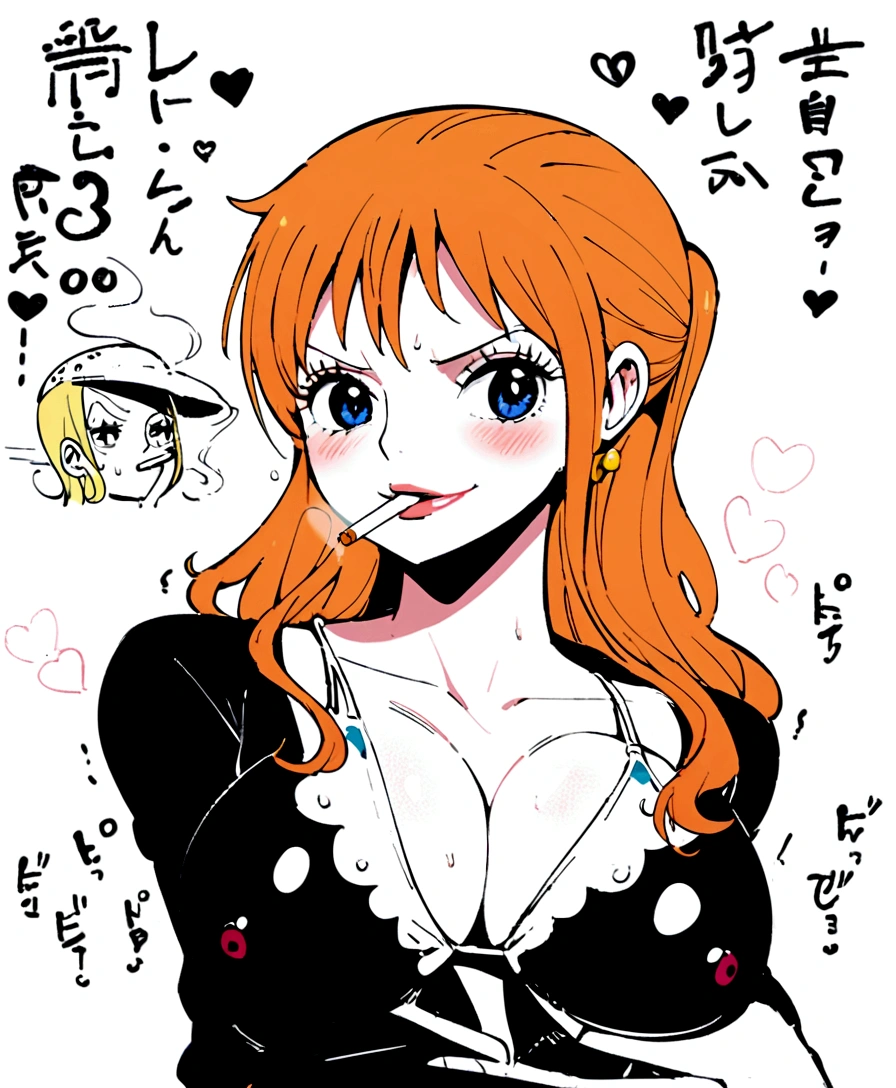 a cartoon picture of a woman in a bikini top and jeans, nami one piece, nami from one piece, nami, beautiful portrait of nami, from one piece, oppai, blue eyes, smoking, ponytail, nsfw