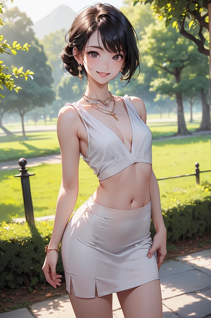 ((Biologically correct limb count))、((Natural finger shape))、((Full Body Shot, Including face))、Standing position、4K、masterpiece、((Focus on the face))、((Symmetrical facial features))、Eye for detailed depiction、Beautiful woman、Excellent style、Beautiful clavicle、Beautiful feet、Slender body、(Small Ass、Thin thighs)、(High heels)、Facial detailing、Small earrings、necklace、Low angle photo、(Upper body sleeveless shirt、Lower body skirt)、Park scenery on a holiday morning、Strong sunlight、(((Dazzling smile)))、Hands clasped behind back to accentuate breasts、(Face the camera)