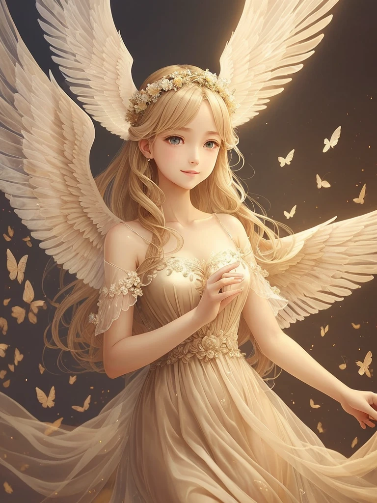  One is wearing a beige gauze dress、With wings、Woman with beige light blond hair wearing flower crown( perfect anatomy )  Translucent wings, Beautiful angel wings,Extremely detailed close up of smiling female angel in flowing gauze dress elegant、Beautiful masterpieces, meticulous depictions, extremely delicate works of art, ultra-precision art,Stunning digital art