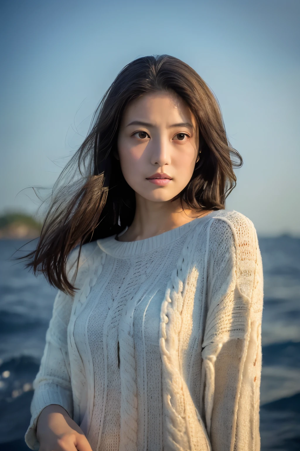 (knitwear), (top-quality, masterpiece:1.3, Super high resolution), (Photorealsitic:1.4, RAW shooting), Ultra-realistic capture, A highly detailed, high-definition 16K for human skin, Wistful, A skinny Japanese woman, 30 years old, cute face, ((Sadness face)), detailed face, detailed eyes, ((correct anatomy)), A dark-haired, Middle hair, ((Background of the sea in a starry night)), (((looking up afar at starry sky))), hair blowing in the wind