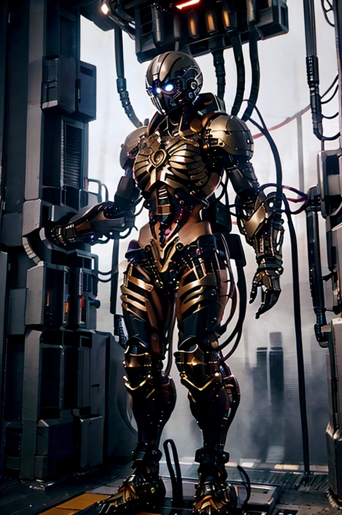 A full-length figure of a cool girl wearing a detailed steampunk armored suit. Exposed wiring, lots of cords and tubes connecting to the system. 