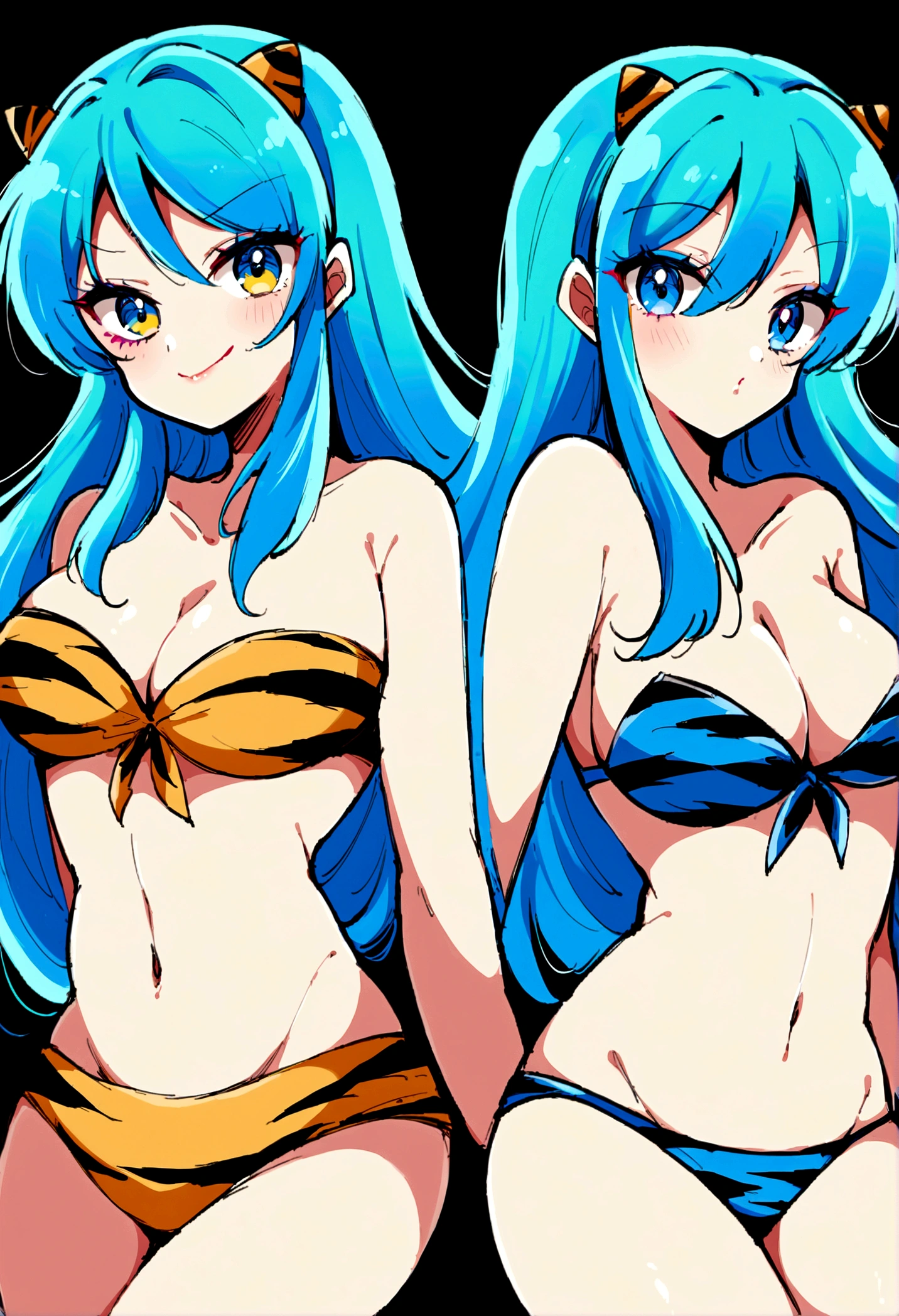 score_9, score_8_up, score_7_up, score_6_up, p1nkh0rr0r, 1girl, lum, long hair, bangs, blue hair, blue eyes, tiny horns, aqua hair, eyeshadow, curvy, smirking, navel, cleavage, swimsuit, bikini, strapless, animal print, yellow bikini, tiger print, strapless bikini,