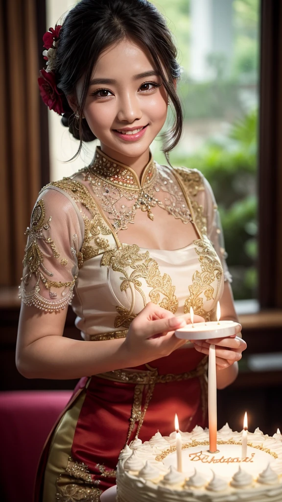 a smiling young woman in a traditional indonesian kebaya dress, blowing out the candles on a birthday cake, intricate details, beautiful skin, elegant pose, warm lighting, photorealistic, 8k, high resolution, detailed, hyperrealistic, masterpiece