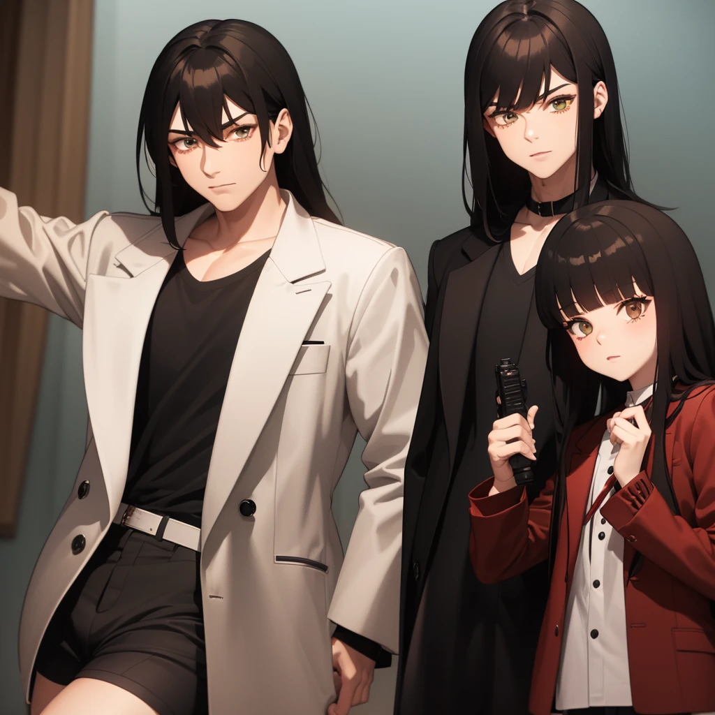  A boy with black hair and red locks in a mafia suit, a gun, brown eyes and white skin.
Next to the boy, a girl with dark brown hair (too much), green eyes and white skin, blue locks, matching black blouse and shorts, loose hair, not too short and bangs and holding a bat
