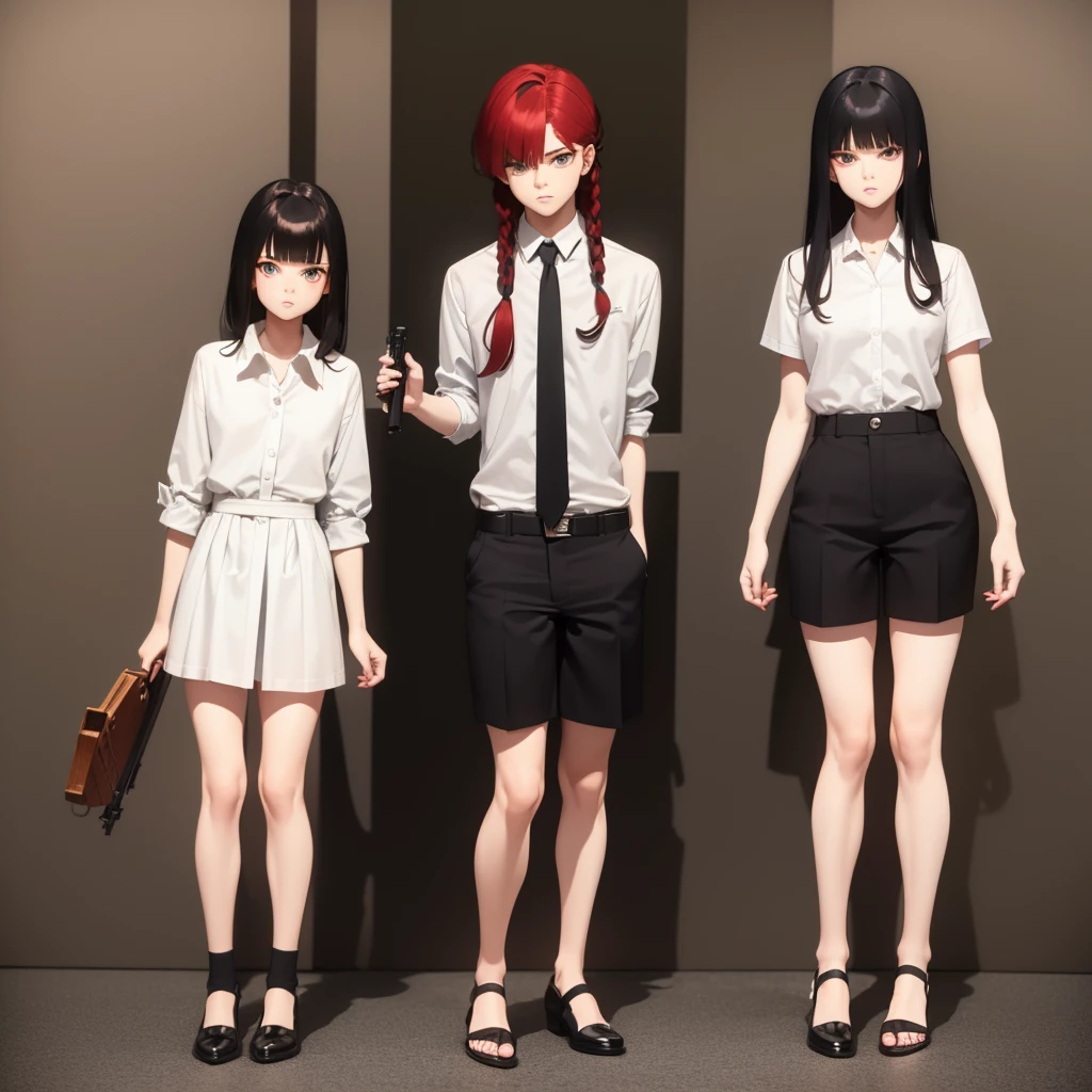 A boy with black hair and red locks in a mafia suit, a gun, brown eyes and white skin.
Next to the boy, a girl with dark brown hair (too much), green eyes and white skin, blue locks, matching black blouse and shorts, loose hair, not too short and bangs and holding a bat