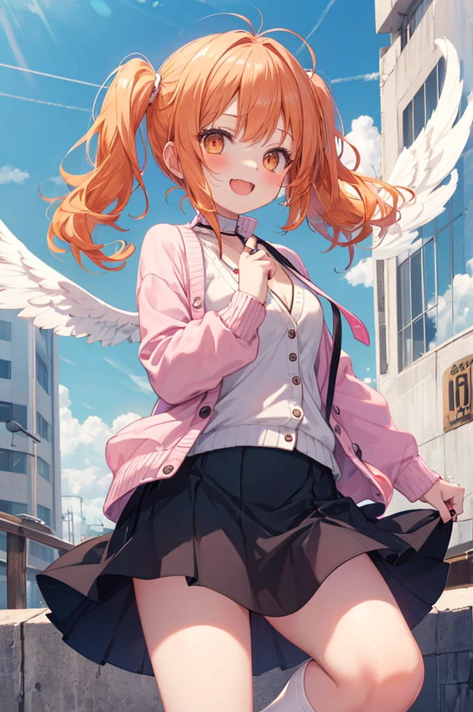 orange hair, orange eyes,girl,Pigtails with the ends tied up,laugh,The wind blows and I can see my panties through my skirt.,light and cute,halterneck,sleeveless dress,pink cardigan,Nissocks,Angel Wings,angeling