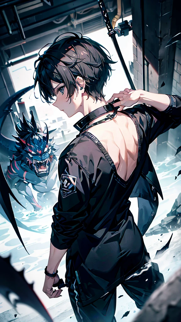 profile background, anime boy, serious face, black hair, grey eyes, black shirt with a kanji in the middle, bathing a black sword in his hand, with a blue dragon behind, high-res portrait, detailed eyes and face, character, fantasy, advanced urban, looking from behind at viewer, 4K, high resolution