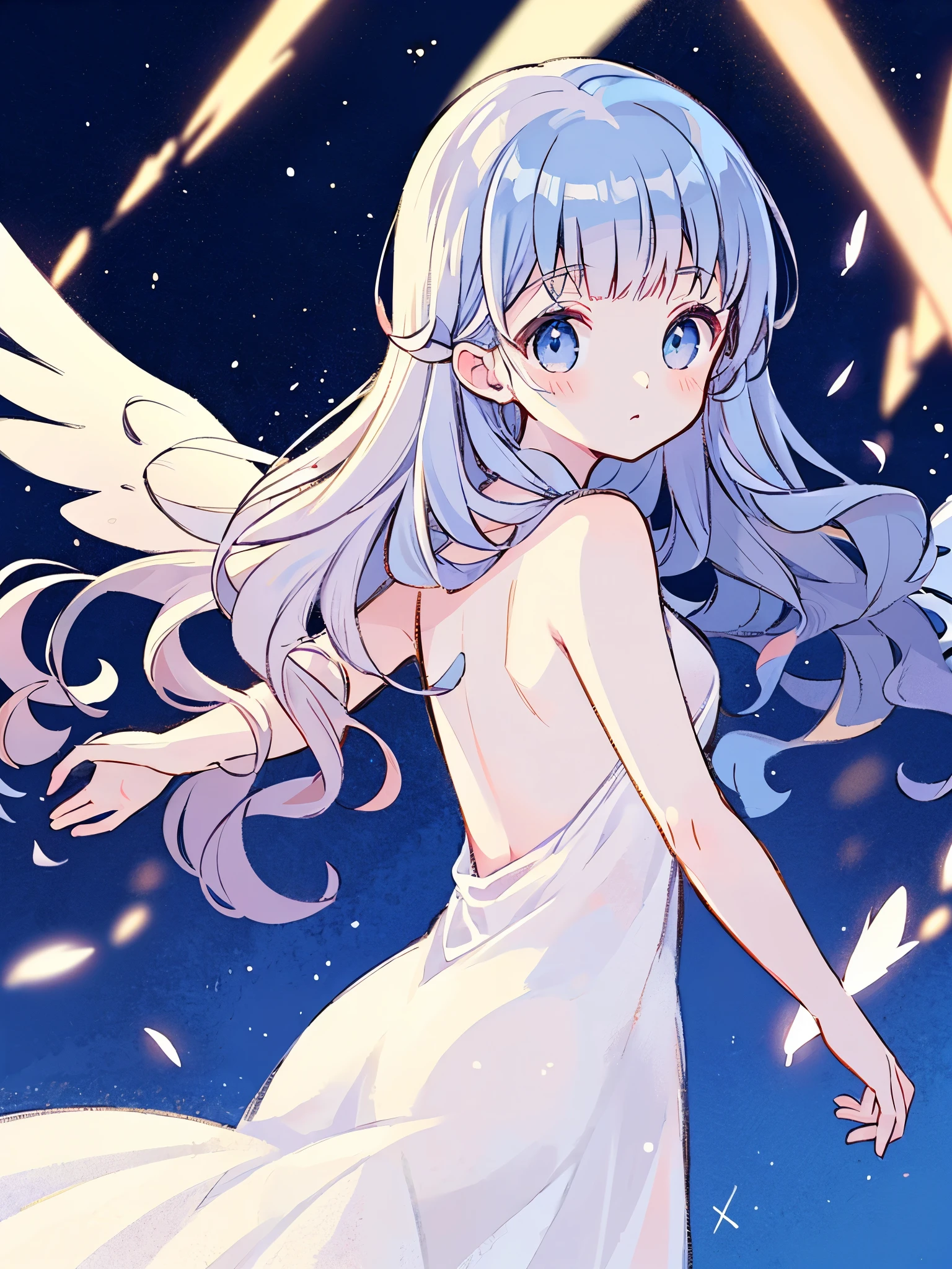 nude angel girl wearing an ethereal translucent dress, pale skin, ((blue mint wavy hair)), white feathers, angel wings, sparkling detailed eyes, golden ratio face, perfect composition, highly detailed, ethereal, (starry night sky background), midjourney style