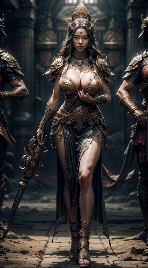 (((full body shot))), A Chinese sinister girl, seven-doppelganger shot, (Oriental Ancient Battlefield: 1.2), (weapon in hand: 1.2), vampire fangs, extreme quality, Cg unity 8k, super delicate, background blur, full depth of field, HDR high dynamics, real restoration, intricate and extreme detail, perfectly presenting the style of midjourney art. realistic, elegant, goddess, surrealism, high detail, supremacy, cinematic lighting, ray tracing, shadow, uhd, retina, masterpiece, ccurate, anatomically correct, textured skin, super detail, high detail, high quality, high quality, award-winning, best quality, high resolution, 1080P, 16k, 8k, 4K, HD, . , Swollen breasts,crisp breasts,Breasts during lactation,Lactation, Gigantic breasts, Heavy breasts, no bra, grabbing breast, girl