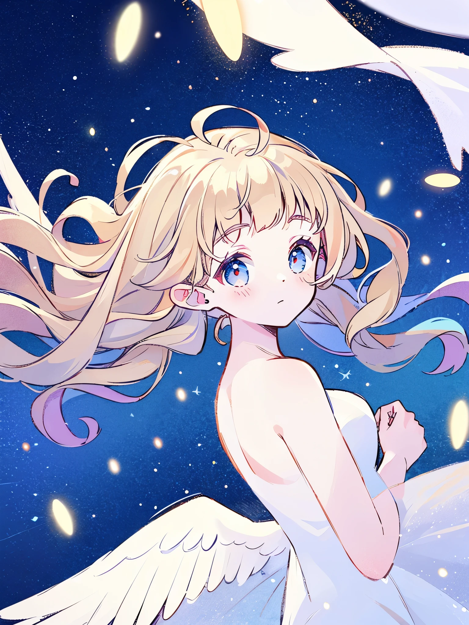 nude angel girl wearing an ethereal translucent dress, pale skin, ((blue mint wavy hair)), white feathers, angel wings, sparkling detailed eyes, golden ratio face, perfect composition, highly detailed, ethereal, (starry night sky background), midjourney style