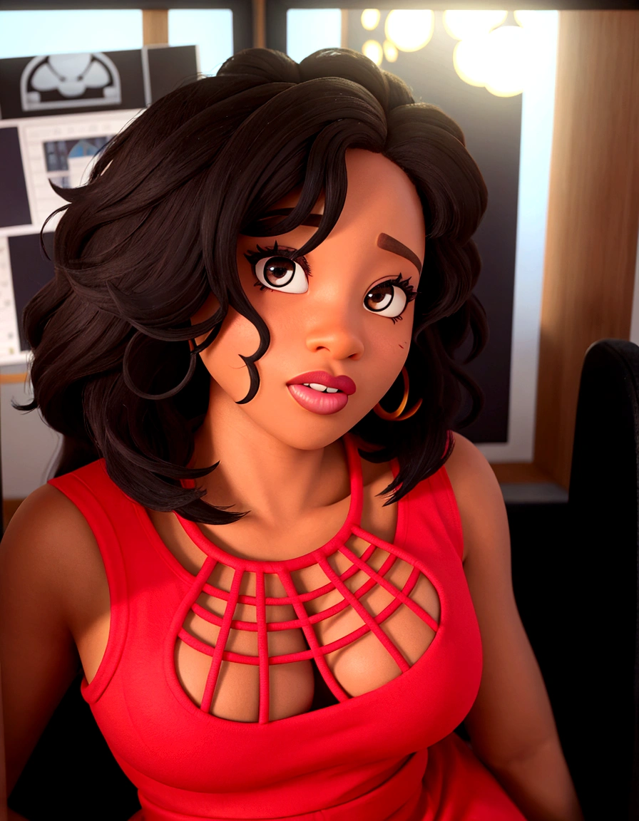 A black woman in Disney Pixar style, high quality with brown eyes, in a designer's office