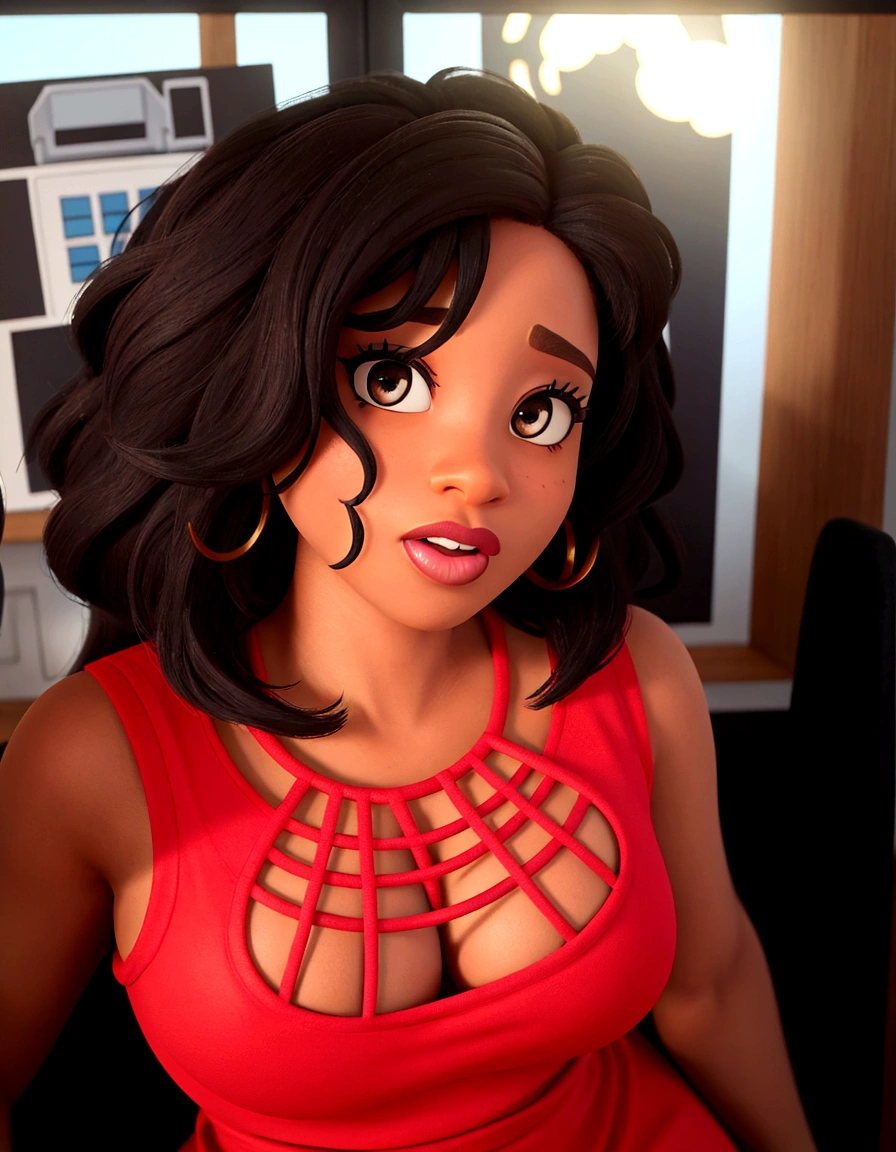 A black woman in Disney Pixar style, high quality with brown eyes, working in a graphic design office 