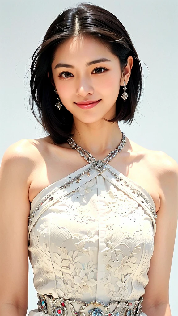(1 woman:1.99)、(Wide forehead、Very short hair、Very small amount of hair、Forehead、Fuji frame:1.1)、Sunburn、17 years old、Naughty、Happy expression、満面のsmile、Weakness、love、I feel very comfortable alone、(dress、tiara),((Very sleepy、Improves skin texture,smile、Narrow eyes、Very weak eyesight、Very weak eyeliner、Half-closed eyes、I know the shape of your head、Oval Face))、(slicked back hair:1.25)、Photographic, Raw photo, Mastepiece, Highly detailed photos, Digital SLR, Photo-realistic 1.4, Super hello nothing, Best Quality,(standing、tilting your head、whole body:1.7)