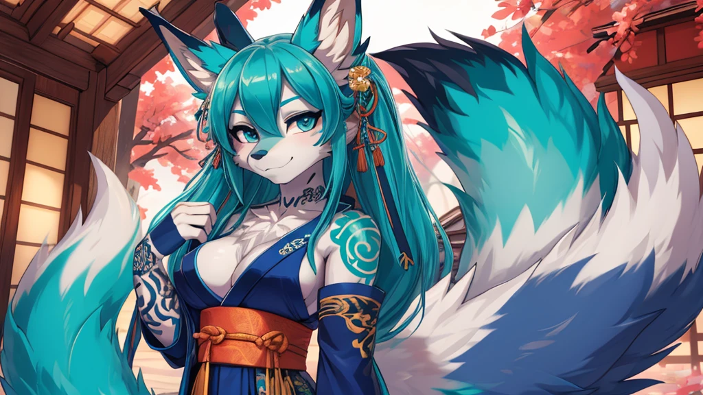 Miku Hatsune, agregar alta definición_detalle:1, pelaje azul,Orejas de Kitsune, japanesse tattoo art agregar_detalle:1, brazos al aire, japanese samuray costume add_detail:1, resplandecent body