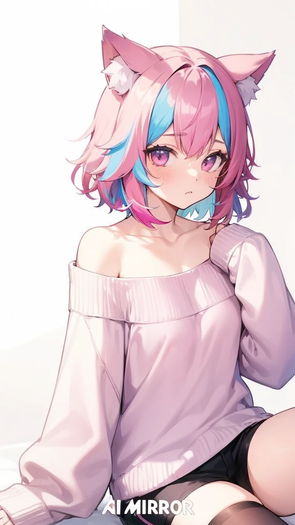 1girl, solo, looking at viewer, short hair, brown hair, thighhighs, long sleeves, animal ears, sitting, collarbone, pink hair, multicolored hair, shorts, cat ears, off shoulder, sweater, streaked hair, sleeves past wrists, black shorts, :<, off-shoulder sweater