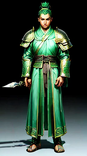 （Lightning affects the atmosphere, HD lighting and darkness )<=(Great image quality)Dark atmosphere with bright particle lights(Many effects in the background)<=(Great image quality)Dark atmosphere with bright particle lights(Many effects in the background),Oriental、Men in ancient Chinese costumes、(ancient chinese hairstyle male)、As seen in the Romance of the Three Kingdoms々military commander、Highest quality、masterpiece、Ultra-high resolution、(Realistic:1.4)、Game Poster、Crisp and beautiful image quality、Embroidered cloth wrapped around a topknot、whole body ,(green metal armor, metal dragon head on the shoulder, Holding a sword, (Skin of color, ), (green metal armor with intricate pattern:1.2), gloves, Long trousers, (Very detailed, bloom:1.5), (Highest quality, Concept Art, 4K), (analog:1.2), (high sharpness), (Detailed pupil:1.1), (Painting:1.1), (digital Painting:1.1), Detailed face and eyes, masterpiece, Highest quality, (Very detailed写真:1.1), 8K, photoRealistic, (PurerosFace_v1:0.2), [:(Detailed face:1.2):0.2], sharp, Realistic, Realistic Shadow, 