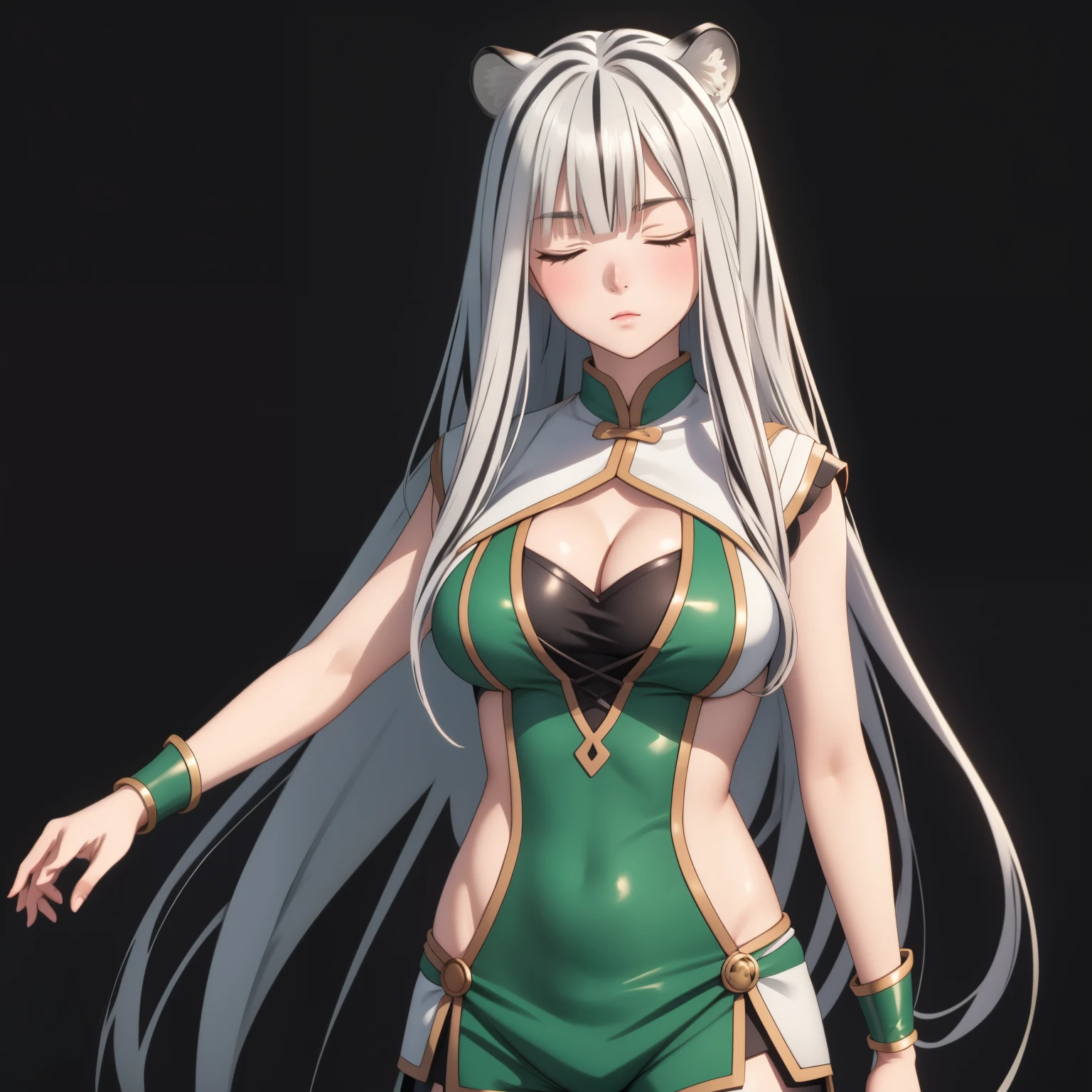 Atlas Fayon woman 40 years, white hair with black stripes ,white tiger ears, closed eyes, mujer ciega con closed eyes, explorer costume, green low cut leather tops, green leather shorts,  , big breasts,, background of a fantasy chinese castle.