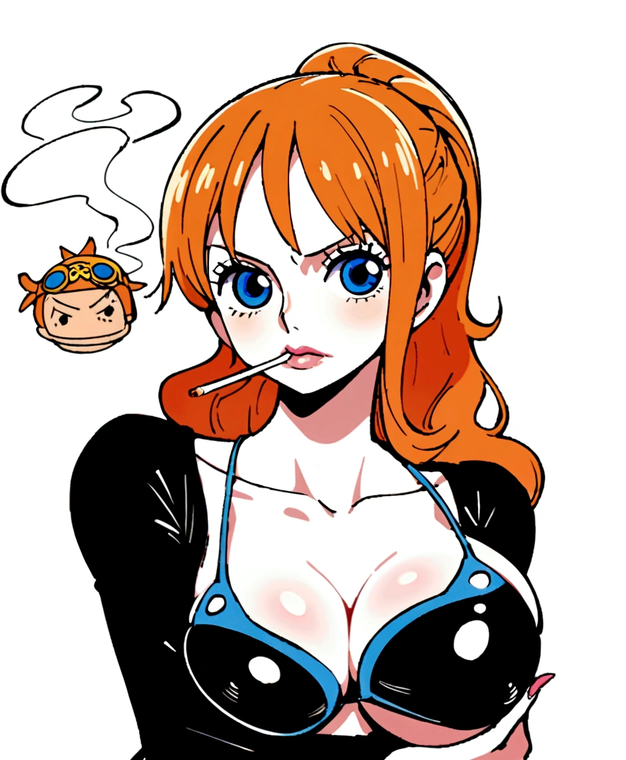 a cartoon picture of a woman in a bikini top and jeans, nami one piece, nami from one piece, nami, beautiful portrait of nami, from one piece, oppai, blue eyes, smoking, ponytail, nsfw