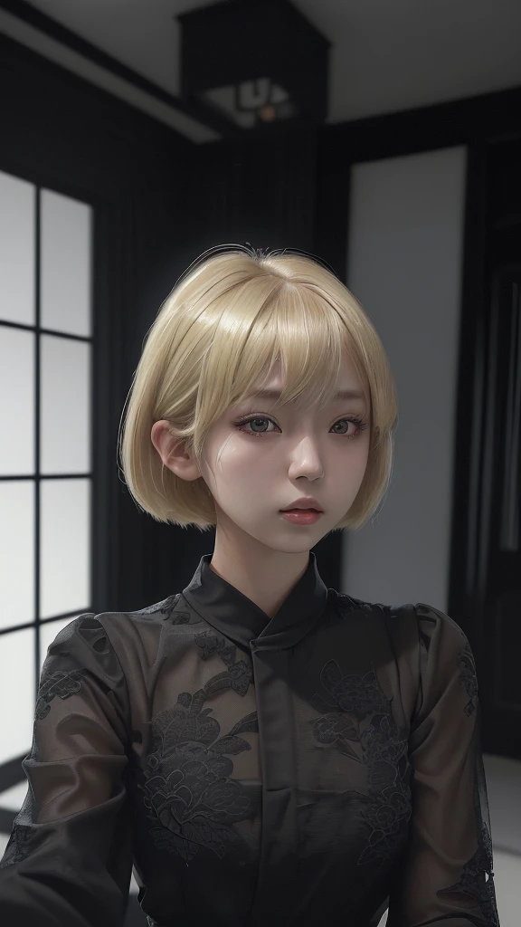 a beautiful young blonde japanese girl, short hair with bangs, wearing black clothes, detailed face and eyes, intricate hairstyle, minimalist black outfit, highres, 8k, photorealistic, cinematic lighting, dramatic atmosphere, stunning portrait, vestido femenino, selfie, en una casa