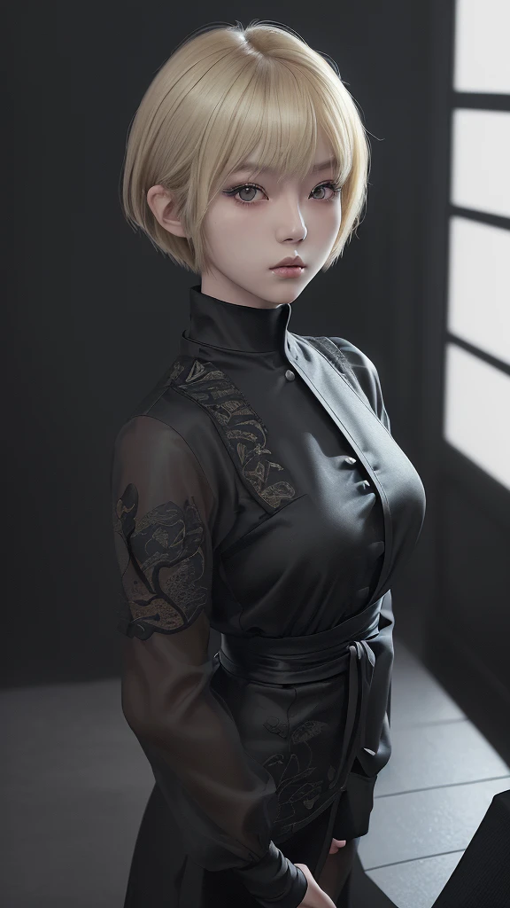 a beautiful young blonde japanese girl, short hair with bangs, wearing black clothes, detailed face and eyes, intricate hairstyle, minimalist black outfit, highres, 8k, photorealistic, cinematic lighting, dramatic atmosphere, stunning portrait, vestido femenino, selfie, en una casa 