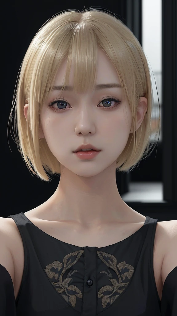 a beautiful young blonde japanese girl, short hair with bangs, wearing black clothes, detailed face and eyes, intricate hairstyle, minimalist black outfit, highres, 8k, photorealistic, cinematic lighting, dramatic atmosphere, stunning portrait, vestido femenino, selfie, en una casa 