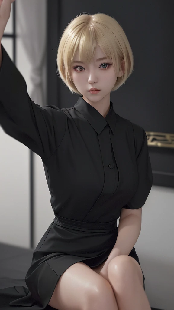 (Very detailed background:1.0), (Highly detailed background:1.0),absurderes, ((masutepiece:1.2, Best Quality)), (Dynamic Pose), (Photorealistic:1.4), Official art, Unity 8k壁纸, Beautiful and aesthetic, Looking at Viewer, 1lady, wide hips, Full Back White Cotton Panties、(Shiny skin), Many colors, White panty、Dynamic Angle, Most Beautiful Form of Chaos, Elegant, a brutalist designed, romanticism, deepshadow, lowkey, Looking back, android_18, and18, and18, 1girl in, Android 18, Solo, Blonde hair, Blue eyes, poneyTail