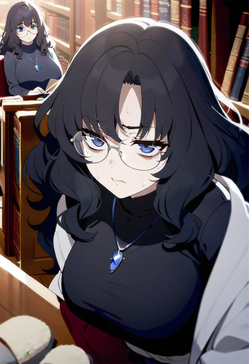 1 girl, (masterpiece), best quality, expressive eyes, perfect face, black hair, long hair, wavy hair, dark blue eyes, chubby, black pantyhose, bags under eyes, formy black shirt, falda gris larga, serious face, gray slippers, in a library, glasses, blue gem necklace