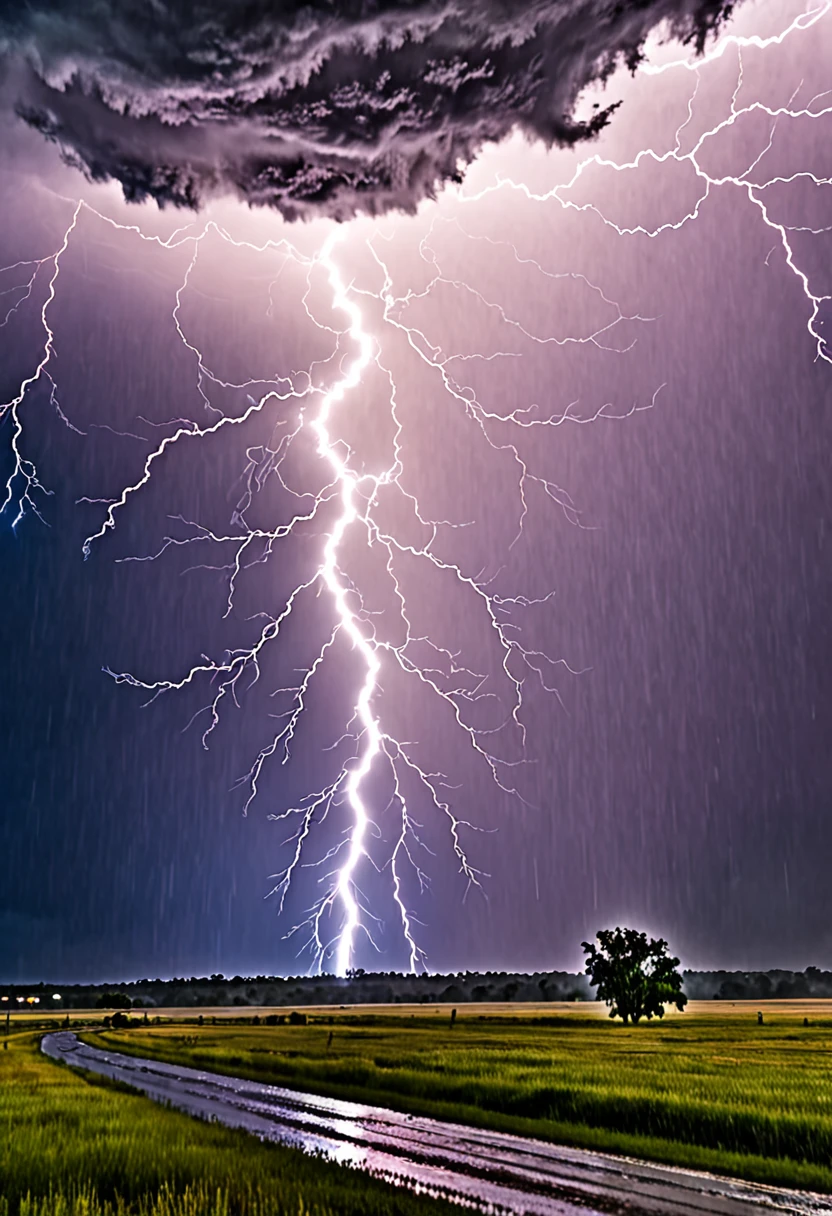 A strong storm,with lightning falling to the ground, during rainy day
