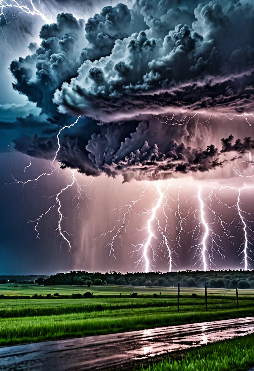A strong storm,with lightning falling to the ground, during rainy day