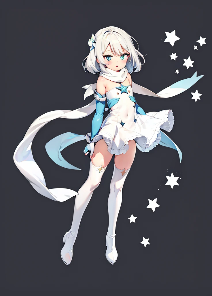 Highest_quality, masterpiece,
One girl, chest, 乳white色とブルー_hair, 一人in, Light_dress, white_dress, blue_eye, arms_magicwand, hair_ornament, chestの谷between, hair_star, flower, magicwand＿Holding_arms, Looking_in_Audience, thighhighs, 前hair, Holding_magicwand, just_shoulder, white_scarf, scarf, boots, thigh_boots, gloves, independent_sleeve, full_body, white_thighhighs, Side Lock, Grass, Moderate_chest, white_footwear, hair_between_eye, black_gloves, Broke up_lips, Partially_Fingerless_gloves, feinhers、