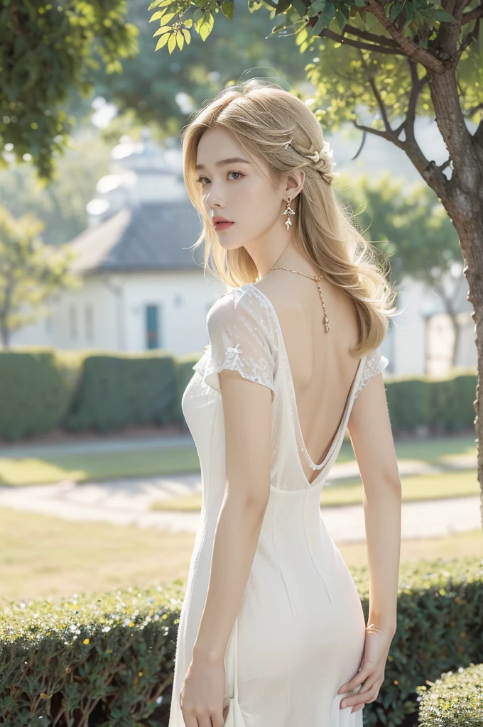 (((best quality))), (((ultra detailed))), (((masterpiece))), illustration,((1 beautiful little girl,solo,angel)),((fair skin,shoulder length straight blonde hair,blue eyes)),((slim,thin)),(earrings,crystal necklace),((bare back,towering hips,butt crack)),joyful expression,(flowing short-sleeved white sheer dress:1.3),((In heaven, garden setting)), vibrant flowers,(colorful flowers:1.3),lush grass, gentle breeze, (clear sky, fluffy clouds, shining sun),((from back,standing,upper body))