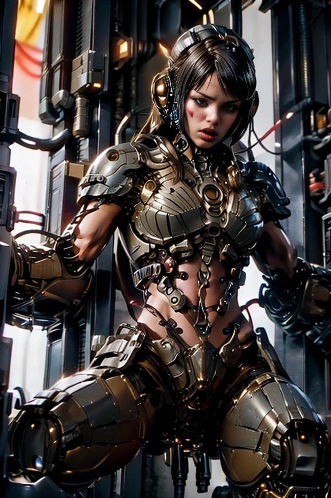 A full-length figure of a cool girl wearing a detailed steampunk armored suit. Exposed wiring, lots of cords and tubes connecting to the system. 