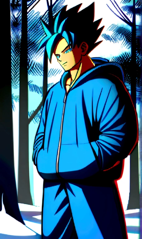 1 man, mid 20s, handsome, hot, (Saiyan spiky hair),(Silver blue ombre hair), (Blue jacket with fluffy hood, blue belt, martial arts pants), snowy forest, ray tracing, (hands in pockets, slight smile)