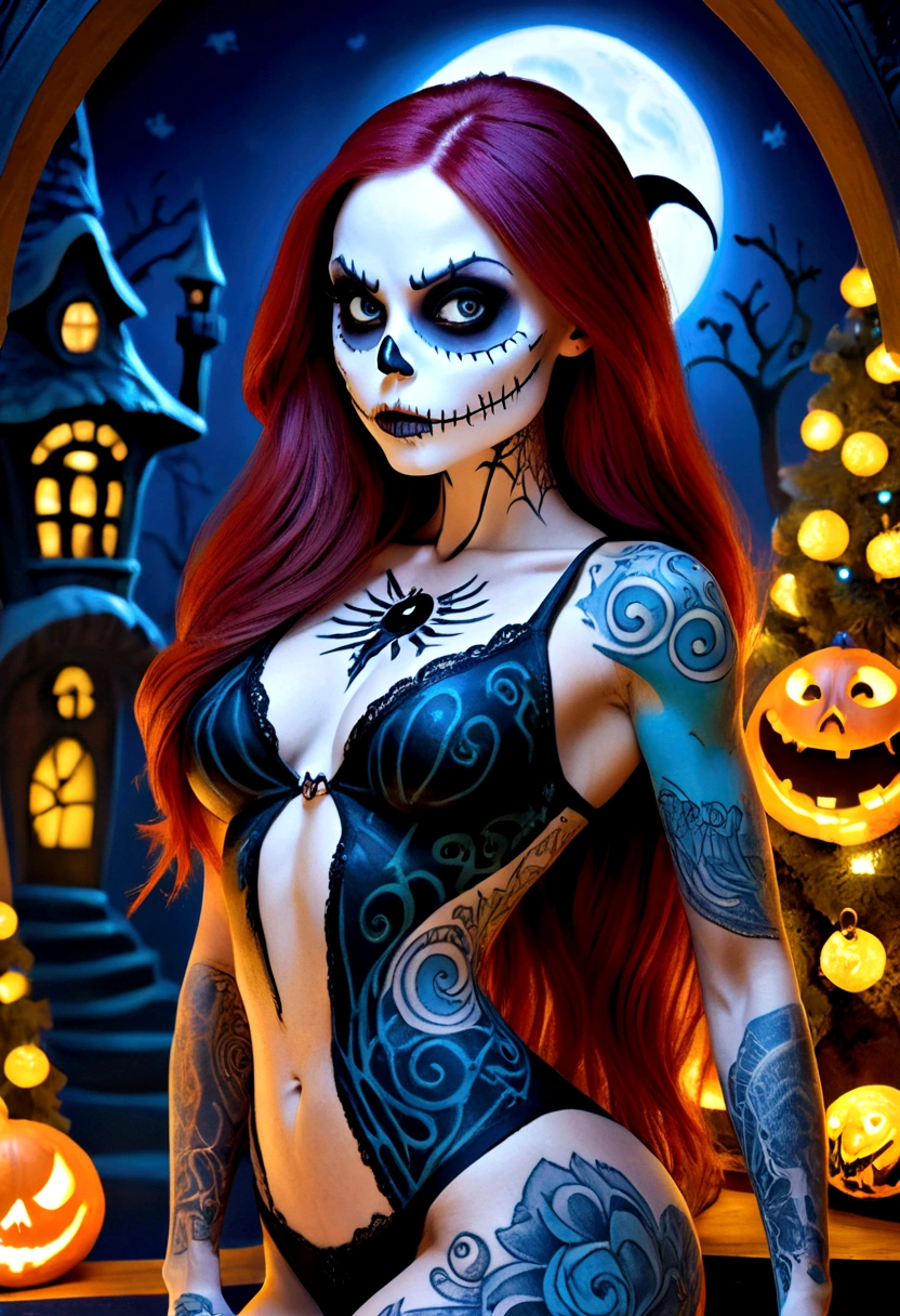 Create a hyper detailed photograph of a nightmare before Christmas tattooed muscular young sexy sally Skellington, Stunningly perfect gorgeous face, perfect makeup,detailed vibrant eyes, long hair, big beautiful muscular legs, big beautiful muscular arms, big back muscles, realistic torso, muscular abs, detailed smooth skin, big breast, big muscular ass, sally Skellington sexy seductive lace thong, back to viewer looking forward,