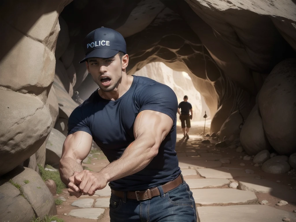 (Man walking in the city in the middle of the road),(crew cut hair:1.3),black eye,(Wear a fitted round neck t-shirt in navy with a police badge.:1.5),(t-shirt fit neck:1.5),Navy blue jeans,(black_gloves:1.2),Korean guy,chest muscles,large arm muscles,blood vessel,Big muscles,Broad shoulders,(open mouth:1.5),(open eyes:1.3),(cave dungeon:1.5),