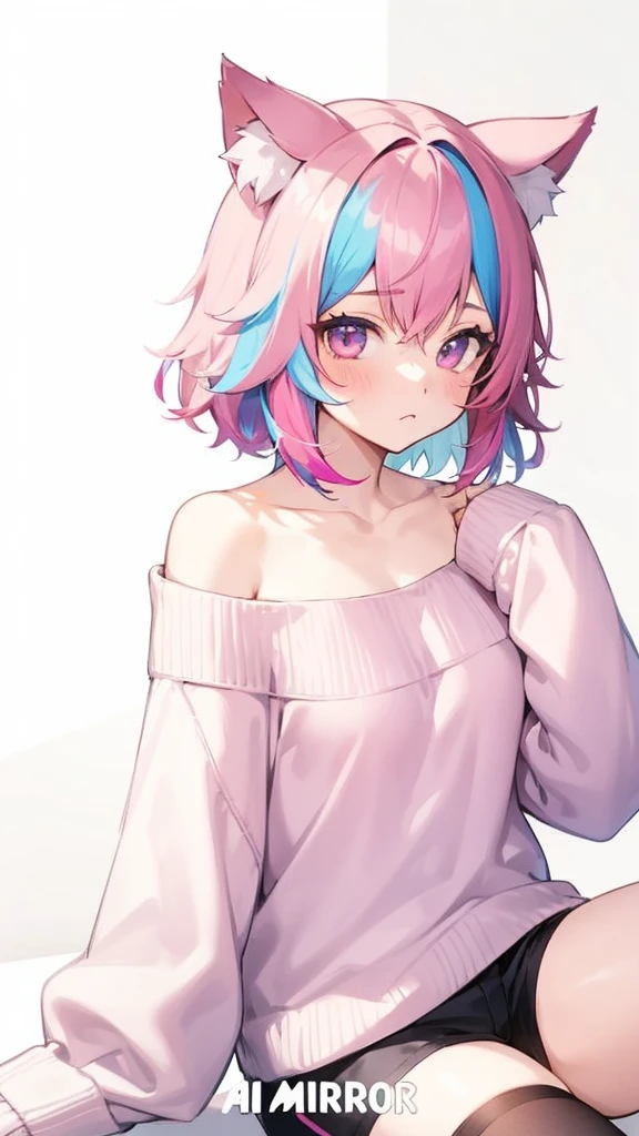 1girl, solo, looking at viewer, short hair, brown hair, thighhighs, long sleeves, animal ears, sitting, collarbone, pink hair, multicolored hair, shorts, cat ears, off shoulder, sweater, streaked hair, sleeves past wrists, black shorts, :<, off-shoulder sweater