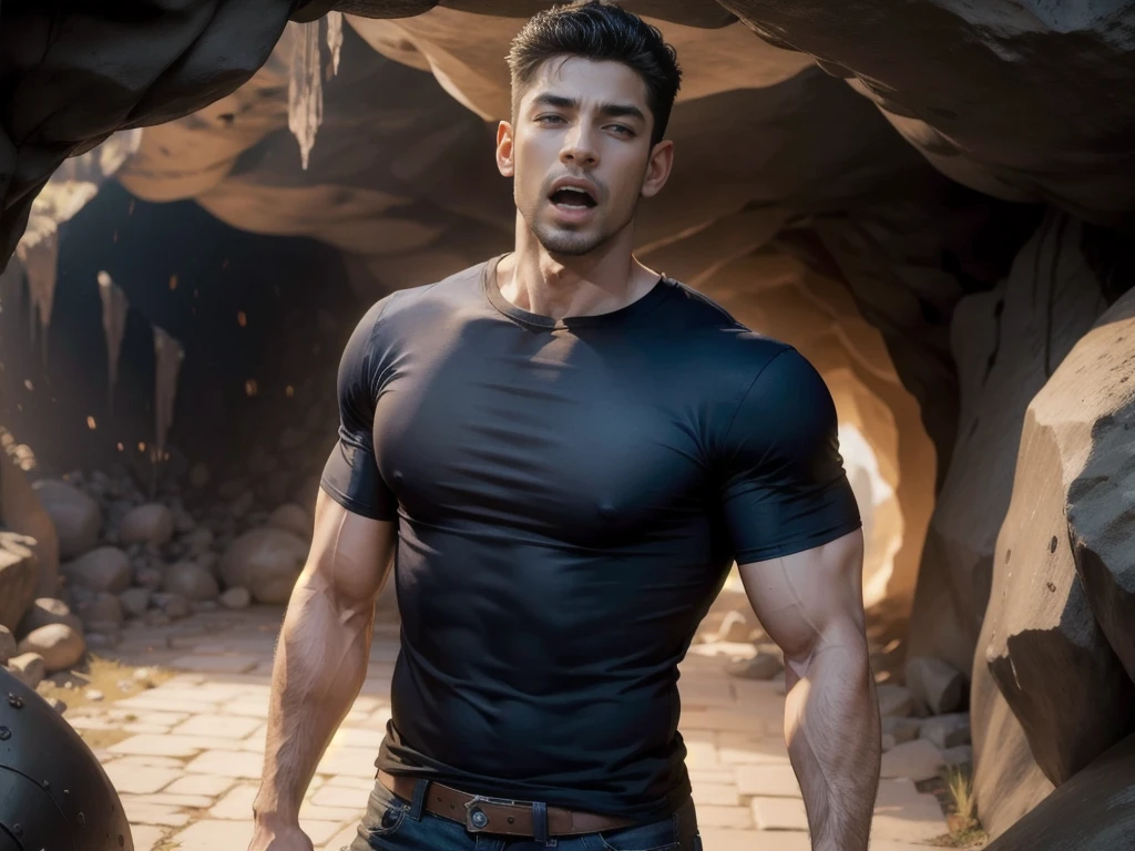 (Man walking in the city in the middle of the road),(crew cut hair:1.3),black eye,(Wear a fitted round neck t-shirt in navy with a police badge.:1.5),(t-shirt fit neck:1.5),Navy blue jeans,(black_gloves:1.2),Korean guy,chest muscles,large arm muscles,blood vessel,Big muscles,Broad shoulders,(open mouth:1.5),(open eyes:1.3),(cave dungeon:1.5),