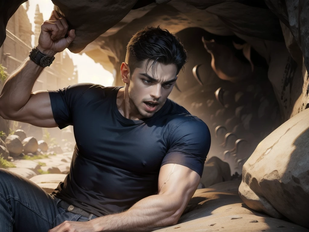 (Man walking in the city in the middle of the road),(crew cut hair:1.3),black eye,(Wear a fitted round neck t-shirt in navy with a police badge.:1.5),(t-shirt fit neck:1.5),Navy blue jeans,(black_gloves:1.2),Korean guy,chest muscles,large arm muscles,blood vessel,Big muscles,Broad shoulders,(open mouth:1.5),(open eyes:1.3),(cave dungeon:1.5),