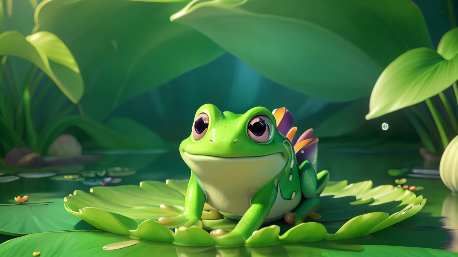 frogs, 3d animation, disney design, photorealistic, highly detailed, (best quality,4k,8k,highres,masterpiece:1.2),ultra-detailed,(realistic,photorealistic,photo-realistic:1.37), lake, underwater scene, floating lily pads, vibrant colors, soft lighting, magical atmosphere, whimsical, cute, adorable, expressive eyes, detailed texture, fluid movements