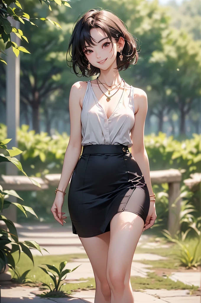 ((Biologically correct limb count))、((Natural finger shape))、((Full Body Shot, Including face))、Standing position、4K、masterpiece、((Focus on the face))、((Symmetrical facial features))、Eye for detailed depiction、Beautiful woman、Excellent style、Beautiful clavicle、Beautiful feet、Slender body、(Small Ass、Thin thighs)、(High heels)、Facial detailing、Small earrings、necklace、Low angle photo、(Upper body sleeveless shirt、Lower body skirt)、Park scenery on a holiday morning、Strong sunlight、(((Dazzling smile)))、Hands clasped behind back to accentuate breasts、(Face the camera)