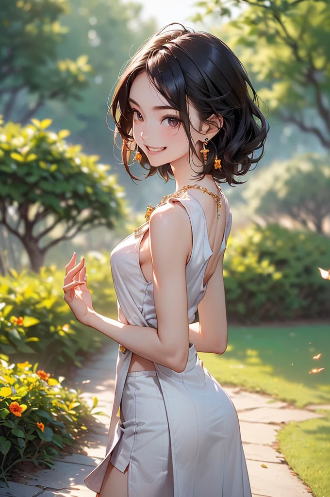 ((Biologically correct limb count))、((Natural finger shape))、((Full Body Shot, Including face))、Standing position、4K、masterpiece、((Focus on the face))、((Symmetrical facial features))、Eye for detailed depiction、Beautiful woman、Excellent style、Beautiful clavicle、Beautiful feet、Slender body、(Small Ass、Thin thighs)、(High heels)、Facial detailing、Small earrings、necklace、Low angle photo、(Upper body sleeveless shirt、Lower body skirt)、Park scenery on a holiday morning、Strong sunlight、(((Dazzling smile)))、Hands clasped behind back to accentuate breasts、(Face the camera)