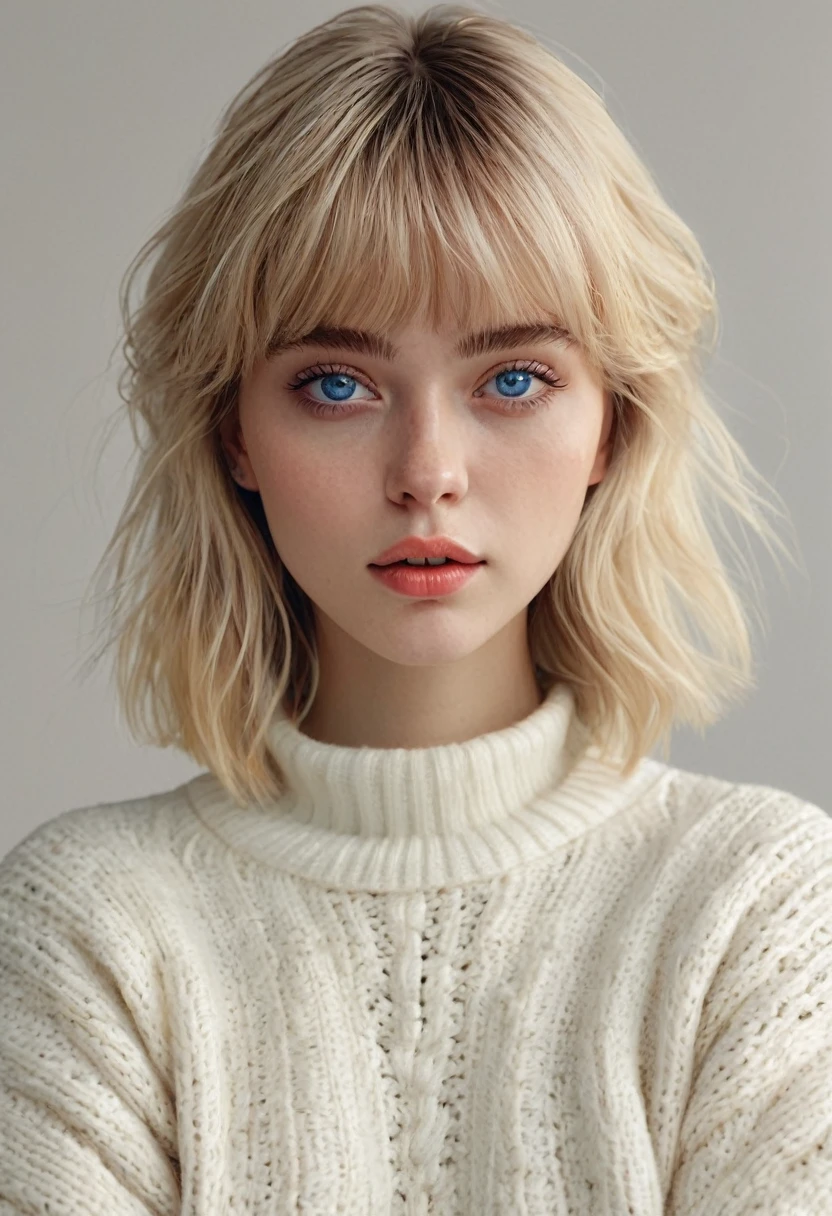 blond woman with blue eyes and a white sweater posing for a picture, a picture inspired by Jean Hey, trending on instagram, photorealism, short blonde hair with bangs, sydney sweeney, anna nikonova aka newmilky, lalisa manobal, style of julia razumova, olga buzova, 🤤 girl portrait, portrait sophie mudd