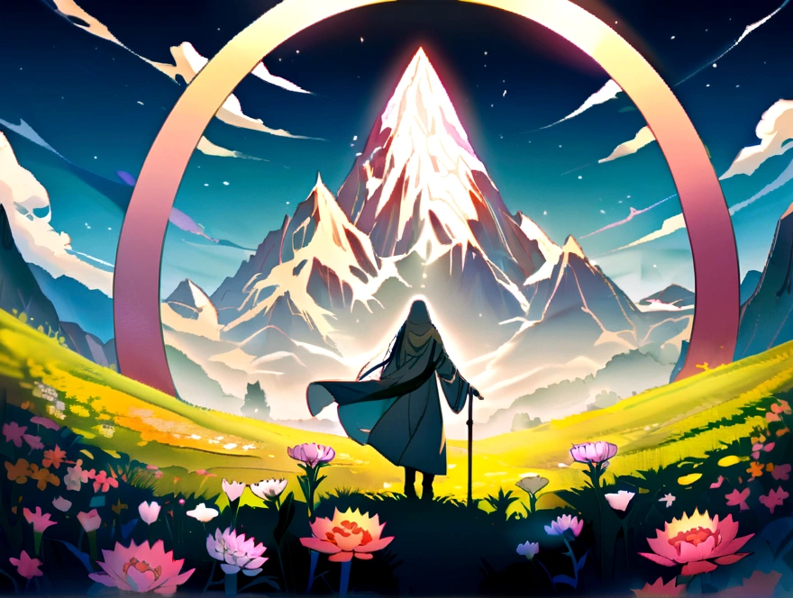 mountain with field of flowers