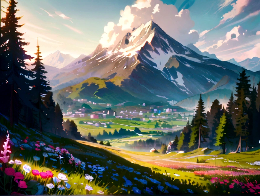 mountain with field of flowers