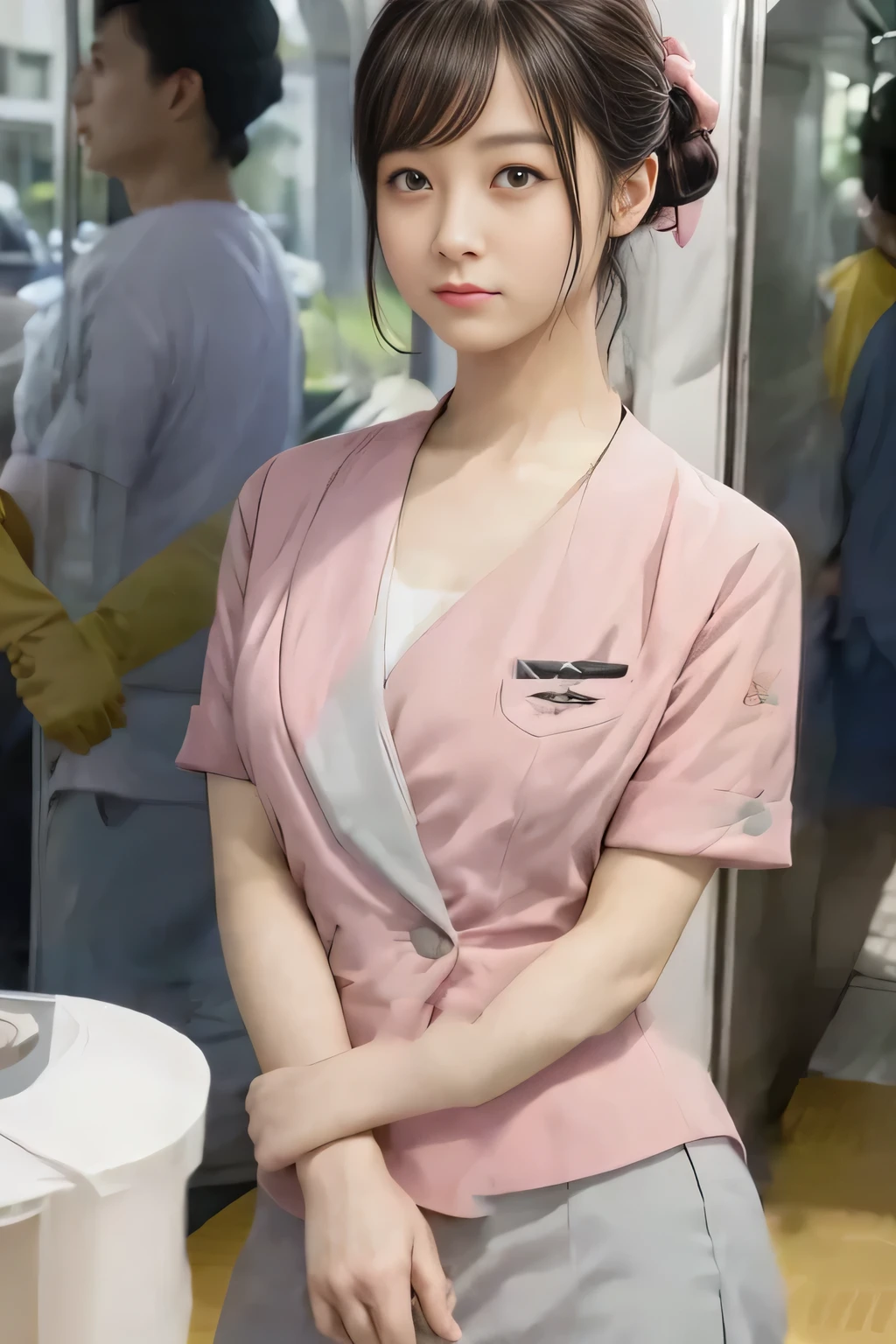 (masterpiece:1.2, Highest quality:1.2), 32k HDR, High resolution, (alone、1 girl)、(On the rooftop of a building in the daytime、Professional Lighting)、Building rooftop background、(Nankai train crew uniform pinkを着たリアルスタイル)、(Nankai train crew uniform pink short sleeve collarless pink jacket、Nankai Train Crew Uniform Pink Collarless Short Sleeve Blouse、Nankai Train Crew Uniform Pink Grey Knee-length Culottes)、((The bottom of the pink short-sleeved jacket cannot be tucked into the clay-colored culottes.))、Dark brown hair、(Hair tied up、Hair Bun、Hair Bun)、Dark brown hair、Long Shot、Big Breasts、Thin legs、((Great hands:2.0)),((Harmonious body proportions:1.5)),((Normal limbs:2.0)),((Normal finger:2.0)),((Delicate eyes:2.0)),((Normal eyes:2.0)))、(Nankai Train Crew Uniform Pink Grey Knee-length Culottesを見せた美しい立ち姿)、smile