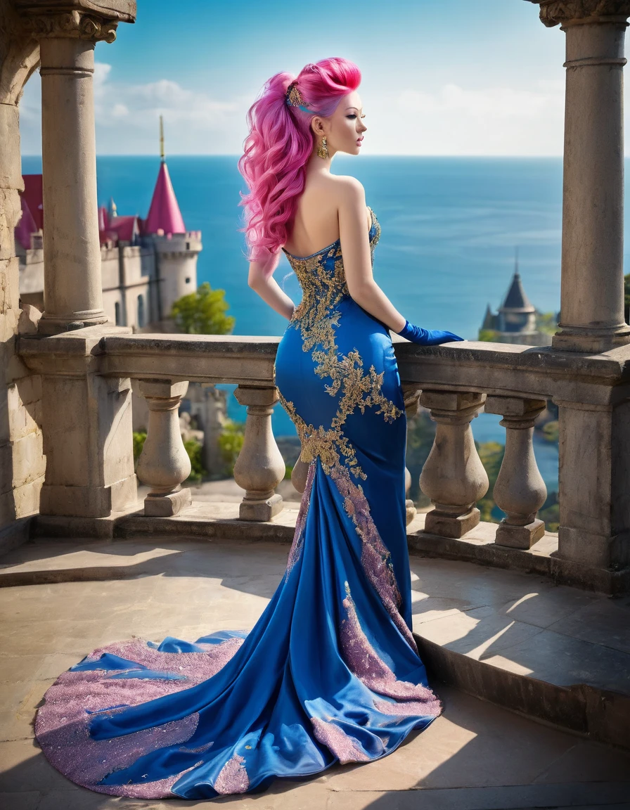 beautifull woamn with pink hair ((masterpiece, Highest quality, Best image quality, High resolution, Realistic, RAW Photos, 8K)), Woman in sapphire blue and gold marine, dress, (Long pink hair, hair tied back, Jeweled wig, Long gloves, Glass Slipper, Bare shoulders, Bare back), Looking back from halfway up the wide staircase leading to the castle, Look down,far away shot,widea angle taken