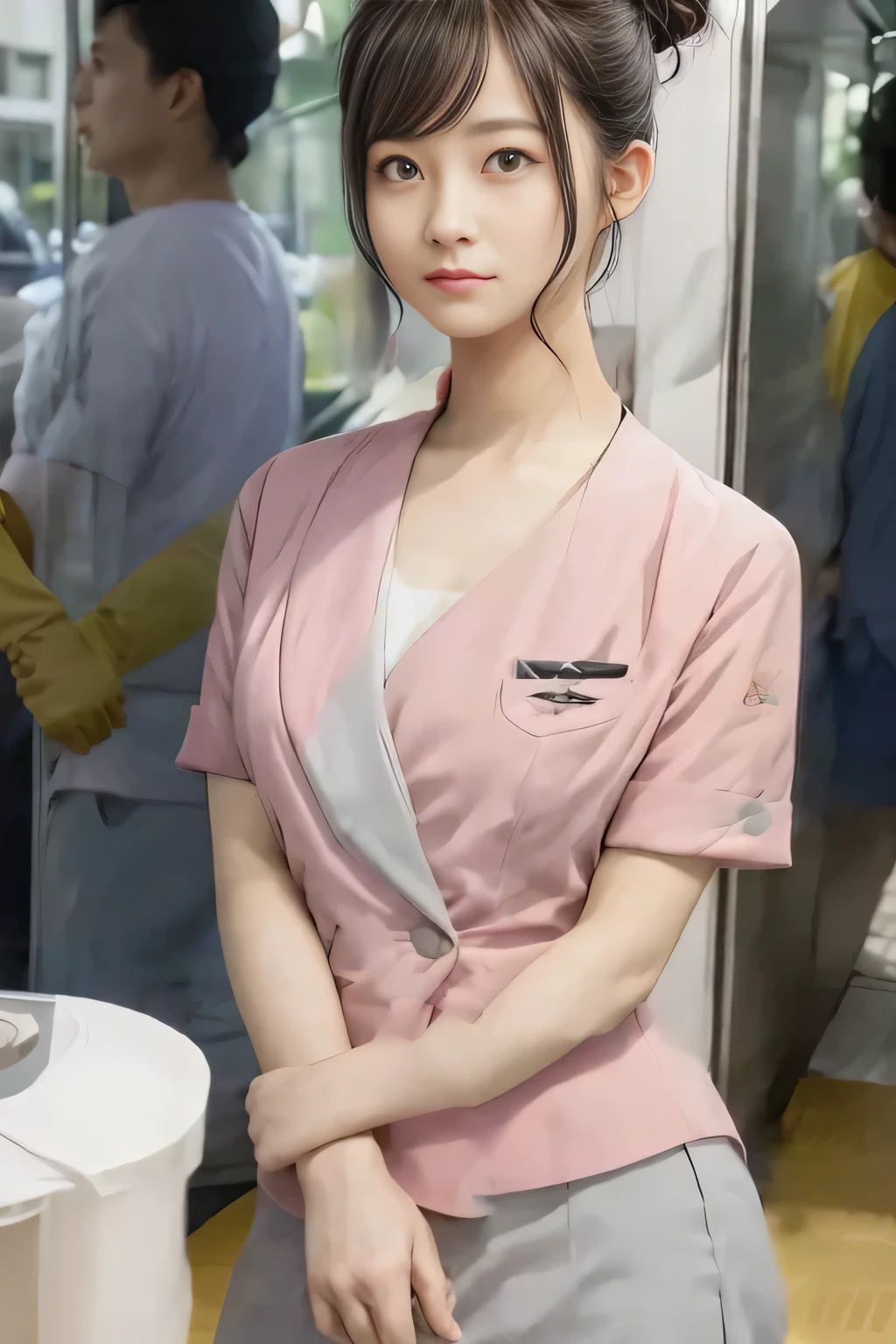 (masterpiece:1.2, Highest quality:1.2), 32k HDR, High resolution, (alone、1 girl)、（On the rooftop of a building in the daytime、Professional Lighting）、Building rooftop background、（Nankai train crew uniform pinkを着たリアルスタイル）、（Nankai train crew uniform pink short sleeve collarless pink jacket、Nankai Train Crew Uniform Pink Collarless Short Sleeve Blouse、Nankai Train Crew Uniform Pink Grey Knee-length Culottes）、（（The bottom of the pink short-sleeved jacket cannot be tucked into the clay-colored culottes.））、Dark brown hair、（Hair tied up、Hair Bun、Hair Bun）、Dark brown hair、Long Shot、Big Breasts、Thin legs、（（Great hands：2.0）），（（Harmonious body proportions：1.5）），（（Normal limbs：2.0）），（（Normal finger：2.0）），（（Delicate eyes：2.0）），（（Normal eyes：2.0））)、（Nankai Train Crew Uniform Pink Grey Knee-length Culottesを見せた美しい立ち姿）、smile