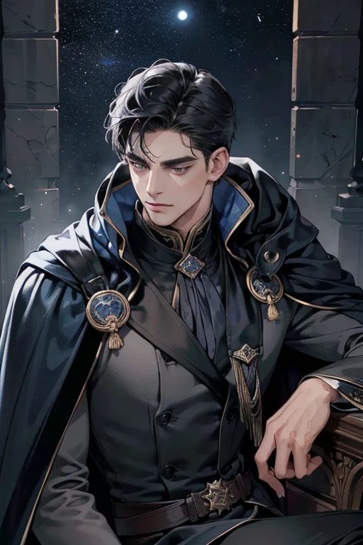 masterpiece, best quality, detailed face, realistic, 1man, mature male, handsome, 25 year old, closed mouth, portrait, extremely detailed face, cold and smirk, ((dark grey eyes)), ((short-right-swept dark black hair)), [thick eyebrows], dark palace, ((long dark blue cape)), ((all dark blue)), (brown eyes), night sky, standing