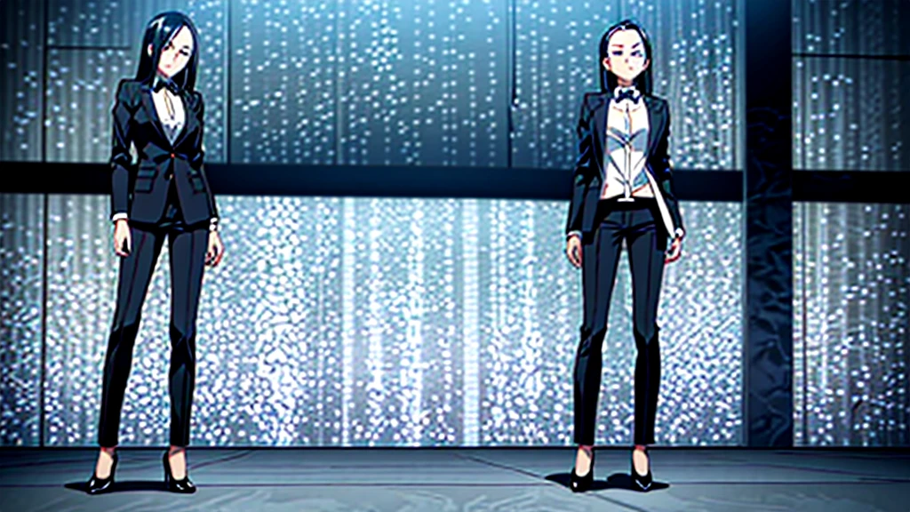 One woman,Best Quality,whole body,Cool Beauty,all back,Exposed forehead,Slit eyes,Suit pants,Long legs,Long delicate black hair